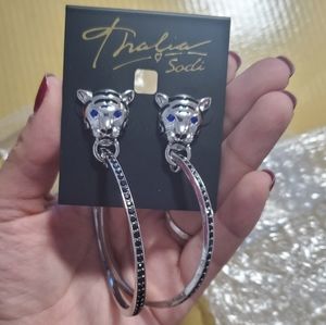 Thalia Sodi Silver-Tone Pavé Tiger Head Drop Hoop